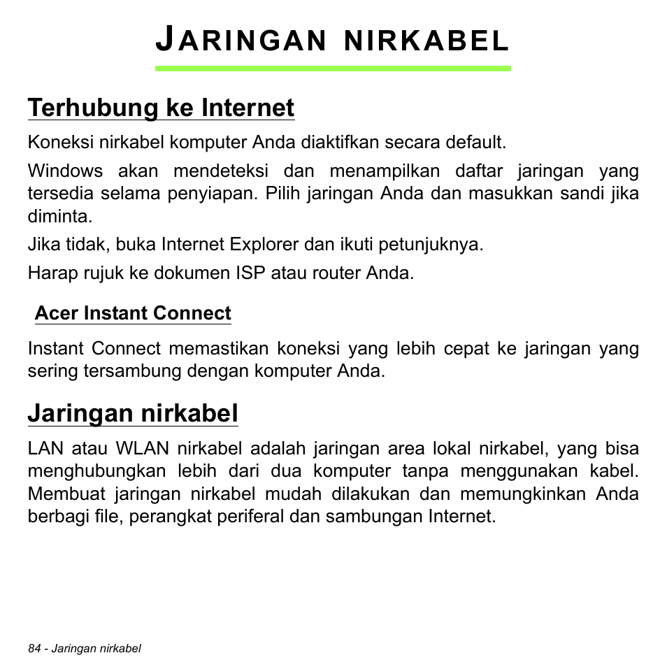 Jaringan nirkabel, Terhubung ke internet, Acer instant connect | Aringan, Nirkabel | Acer Aspire M3-581TG User Manual | Page 3334 / 3478