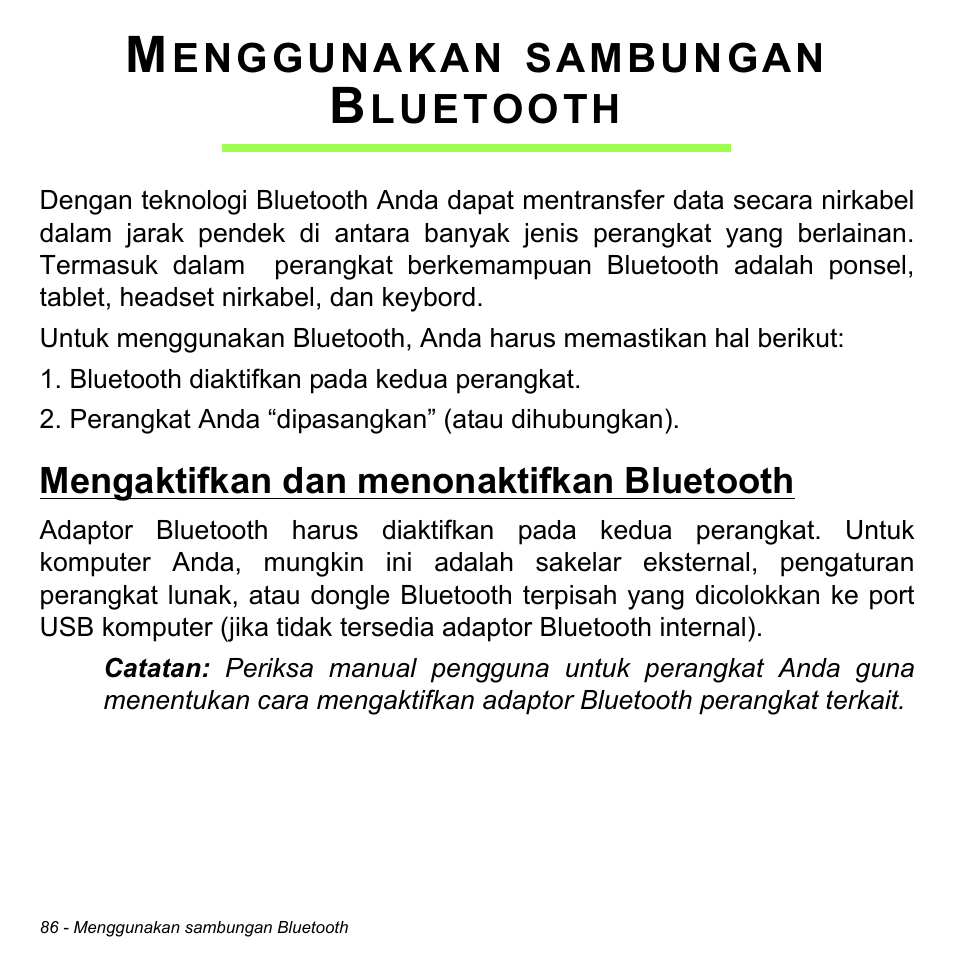 Menggunakan sambungan bluetooth, Mengaktifkan dan menonaktifkan bluetooth, Menggunakan sambungan | Bluetooth | Acer Aspire M3-581TG User Manual | Page 3336 / 3478