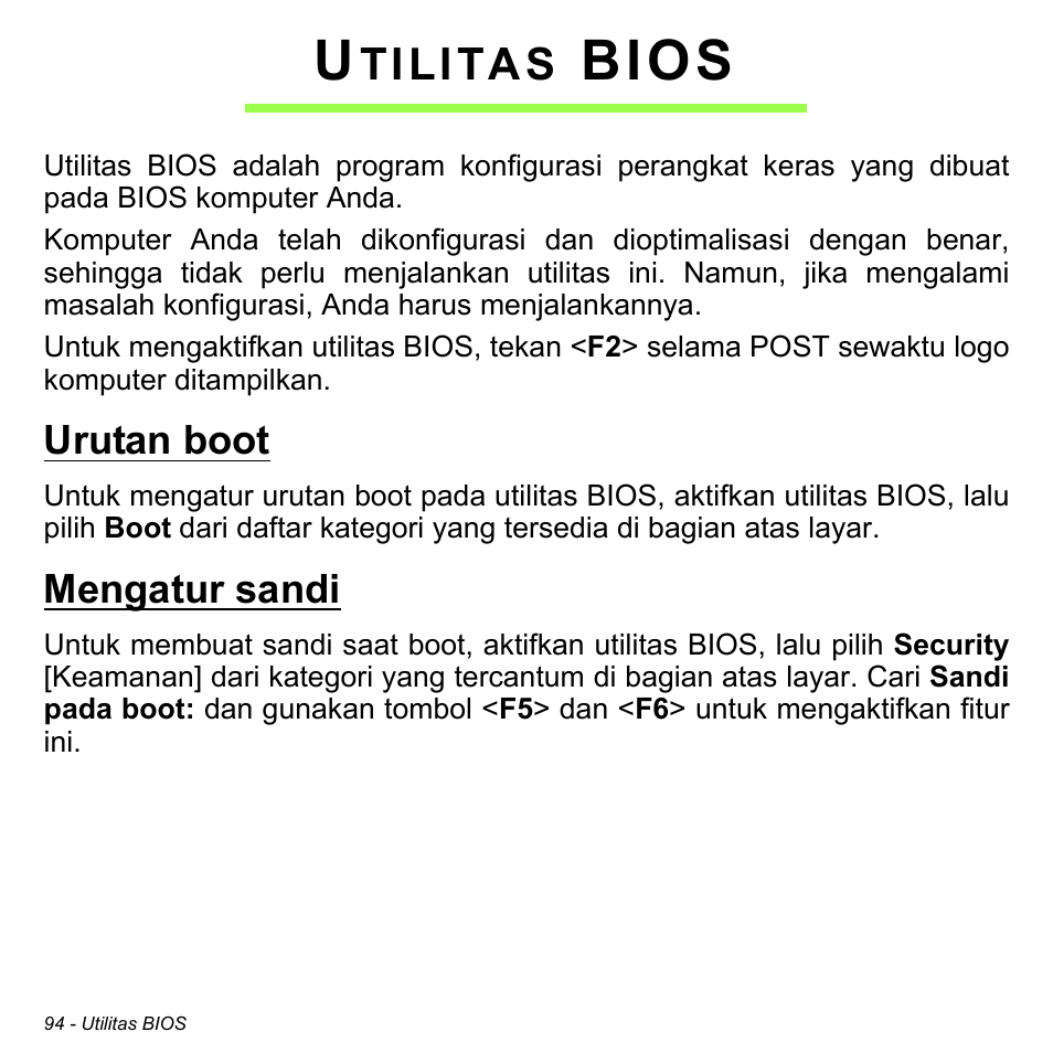 Utilitas bios, Urutan boot, Mengatur sandi | Bios, Tilitas | Acer Aspire M3-581TG User Manual | Page 3344 / 3478