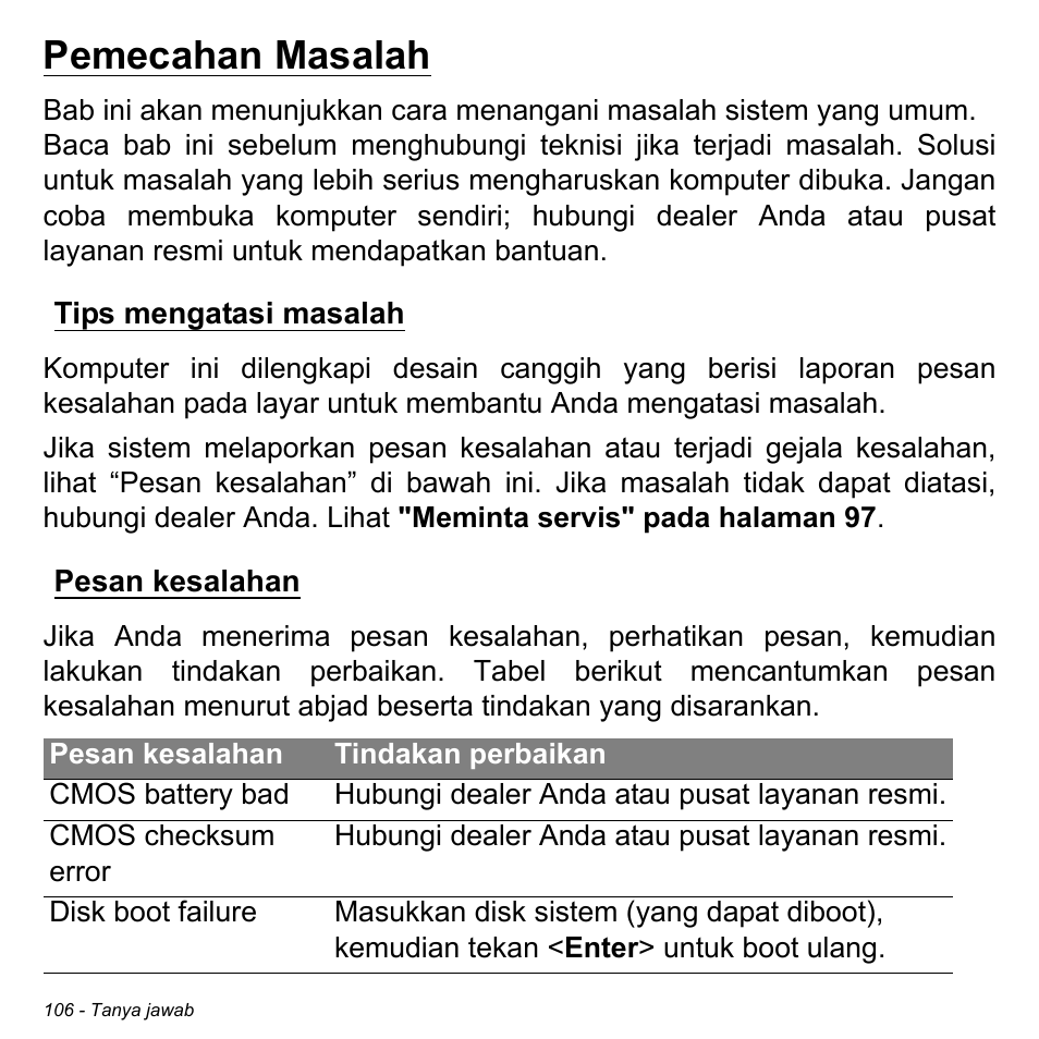 Pemecahan masalah, Tips mengatasi masalah, Pesan kesalahan | Tips mengatasi masalah pesan kesalahan | Acer Aspire M3-581TG User Manual | Page 3356 / 3478