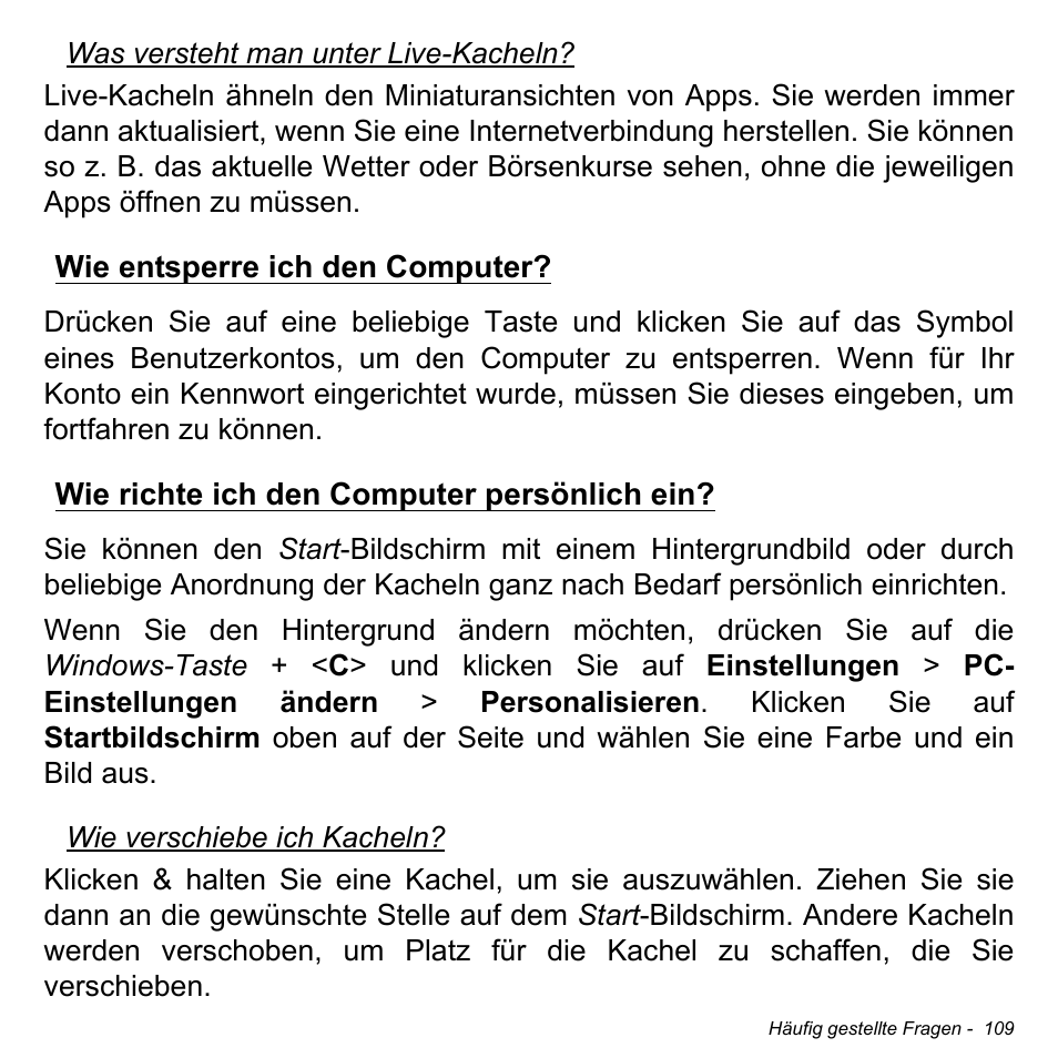 Wie entsperre ich den computer, Wie richte ich den computer persönlich ein | Acer Aspire M3-581TG User Manual | Page 341 / 3478