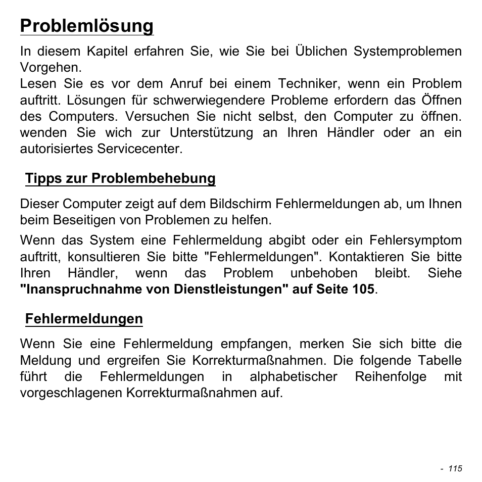 Problemlösung, Tipps zur problembehebung, Fehlermeldungen | Tipps zur problembehebung fehlermeldungen | Acer Aspire M3-581TG User Manual | Page 347 / 3478