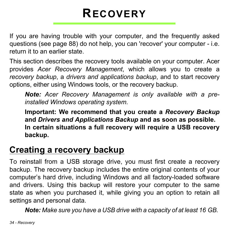 Recovery, Creating a recovery backup, Ecovery | Acer Aspire M3-581TG User Manual | Page 36 / 3478