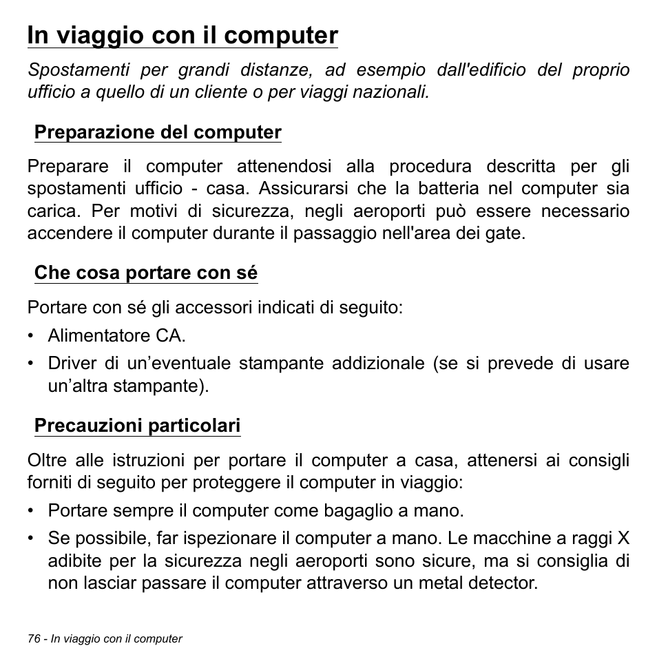 In viaggio con il computer, Preparazione del computer, Che cosa portare con sé | Precauzioni particolari | Acer Aspire M3-581TG User Manual | Page 434 / 3478