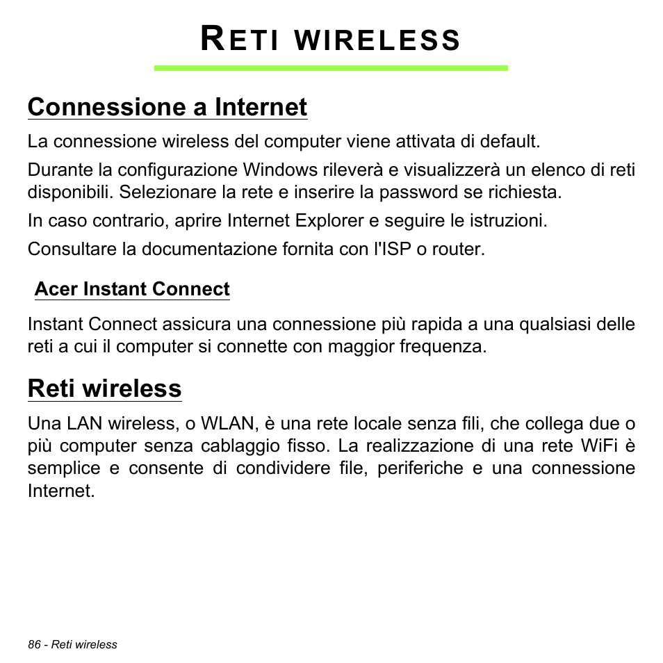 Reti wireless, Connessione a internet, Acer instant connect | Wireless | Acer Aspire M3-581TG User Manual | Page 444 / 3478