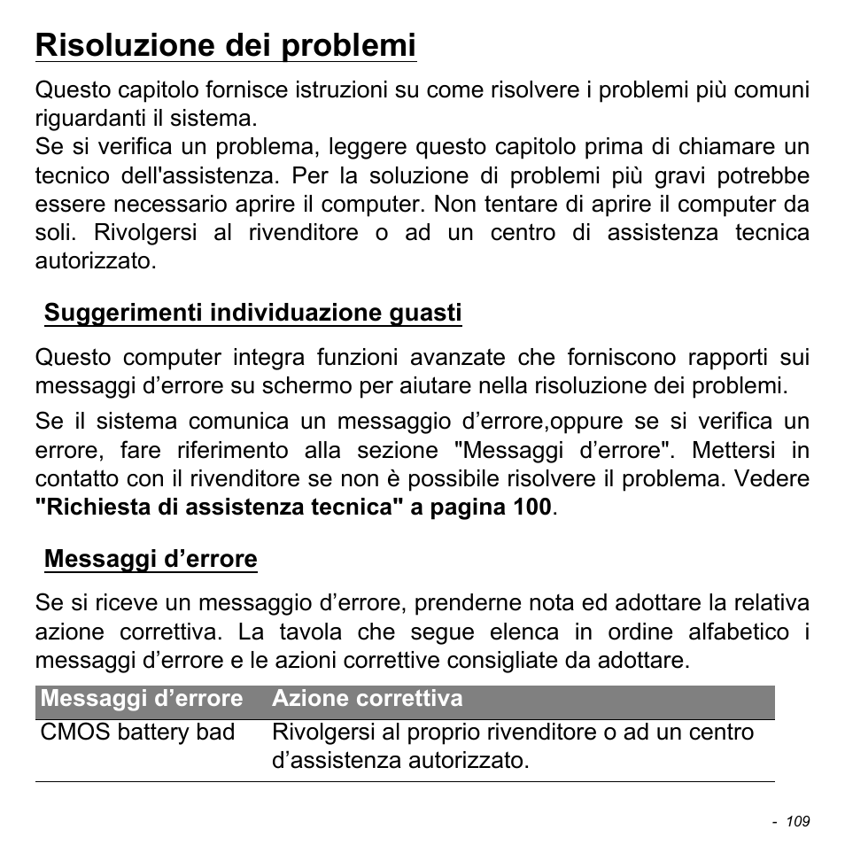 Risoluzione dei problemi, Suggerimenti individuazione guasti, Messaggi d’errore | Acer Aspire M3-581TG User Manual | Page 467 / 3478
