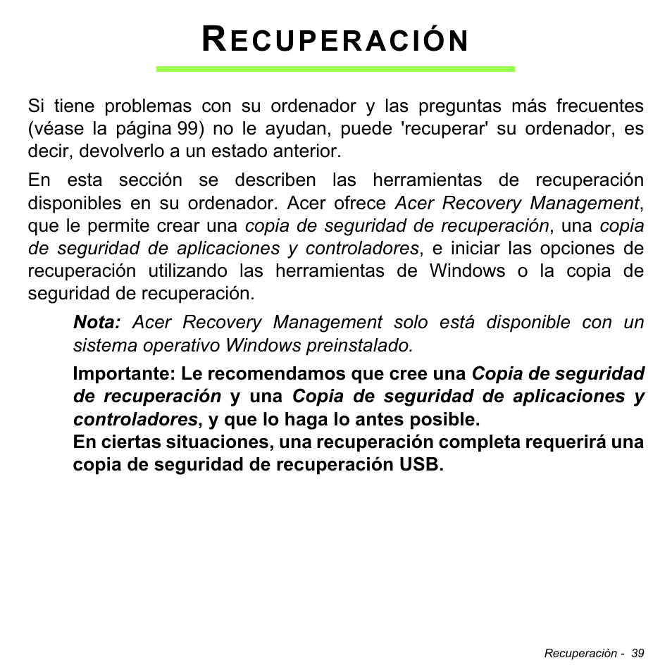 Recuperación, Ecuperación | Acer Aspire M3-581TG User Manual | Page 517 / 3478