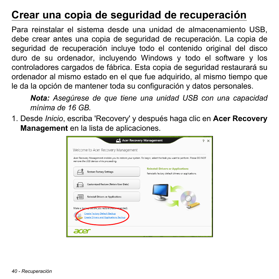 Crear una copia de seguridad de recuperación | Acer Aspire M3-581TG User Manual | Page 518 / 3478
