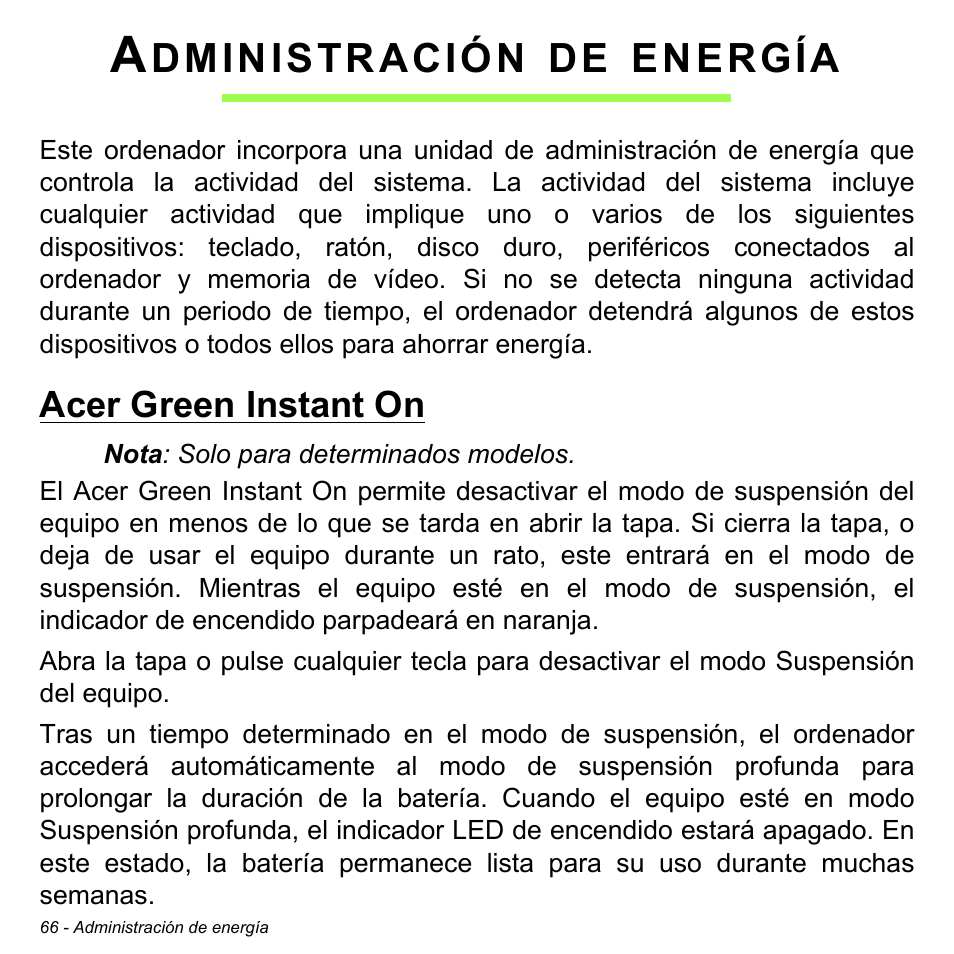 Administración de energía, Acer green instant on, Dministración | Energía | Acer Aspire M3-581TG User Manual | Page 544 / 3478