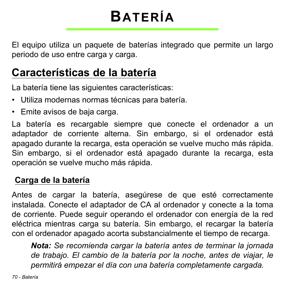 Batería, Características de la batería, Carga de la batería | Atería | Acer Aspire M3-581TG User Manual | Page 548 / 3478