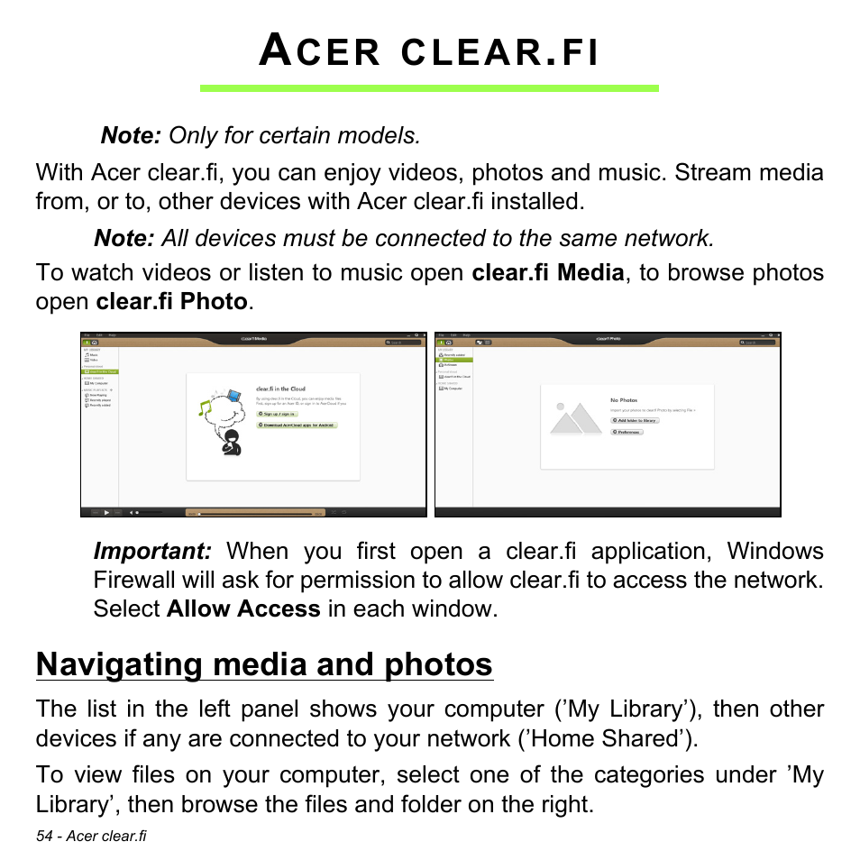 Acer clear.fi, Navigating media and photos, Clear | Acer Aspire M3-581TG User Manual | Page 56 / 3478