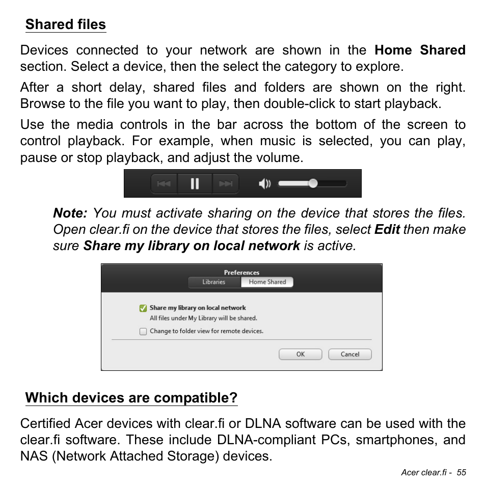 Shared files, Which devices are compatible, Shared files which devices are compatible | Acer Aspire M3-581TG User Manual | Page 57 / 3478