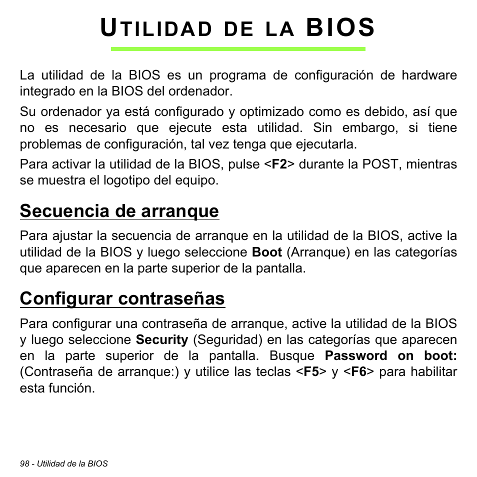 Utilidad de la bios, Secuencia de arranque, Configurar contraseñas | Secuencia de arranque configurar contraseñas, Bios | Acer Aspire M3-581TG User Manual | Page 576 / 3478