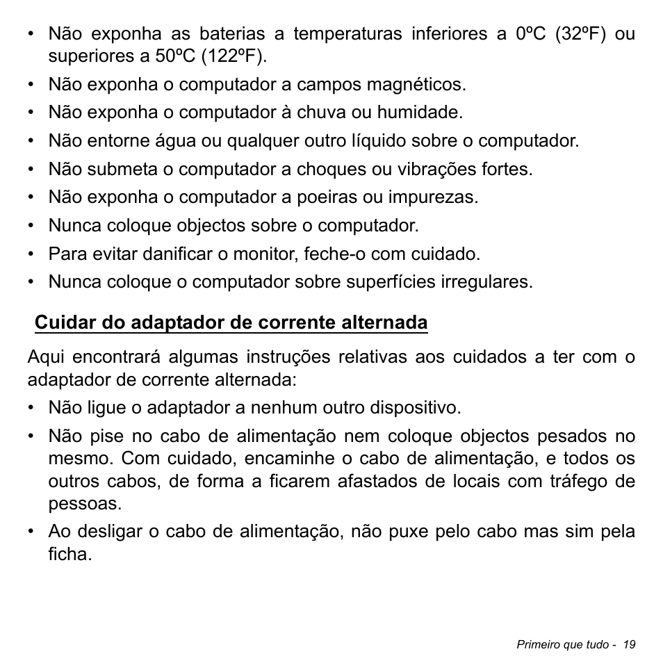 Cuidar do adaptador de corrente alternada | Acer Aspire M3-581TG User Manual | Page 619 / 3478