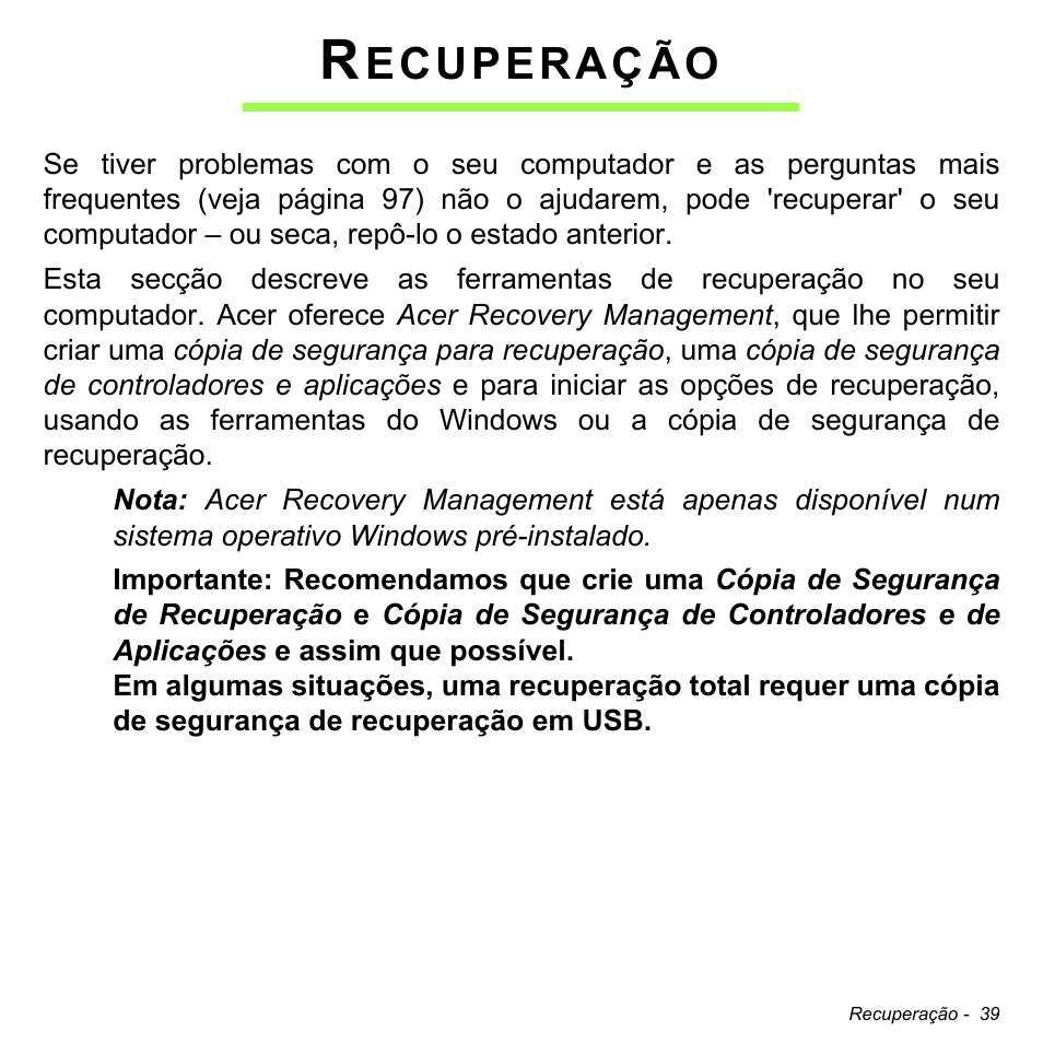 Recuperação, Ecuperação | Acer Aspire M3-581TG User Manual | Page 639 / 3478