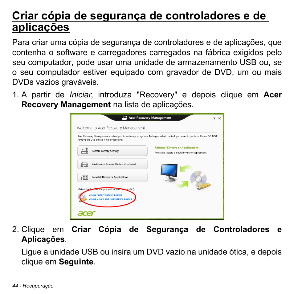 Criar cópia de segurança de controladores, E de aplicações | Acer Aspire M3-581TG User Manual | Page 644 / 3478