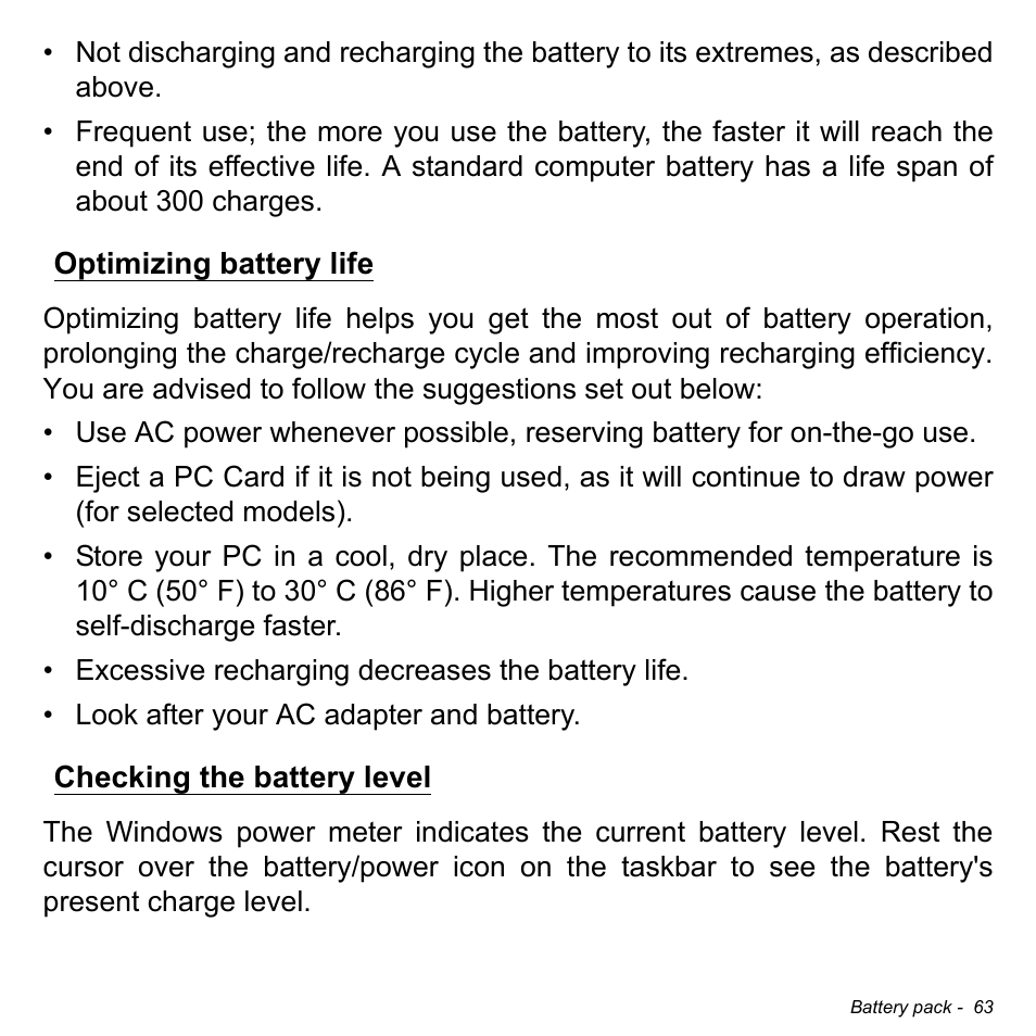 Optimizing battery life, Checking the battery level, Optimizing battery life checking the battery level | Acer Aspire M3-581TG User Manual | Page 65 / 3478