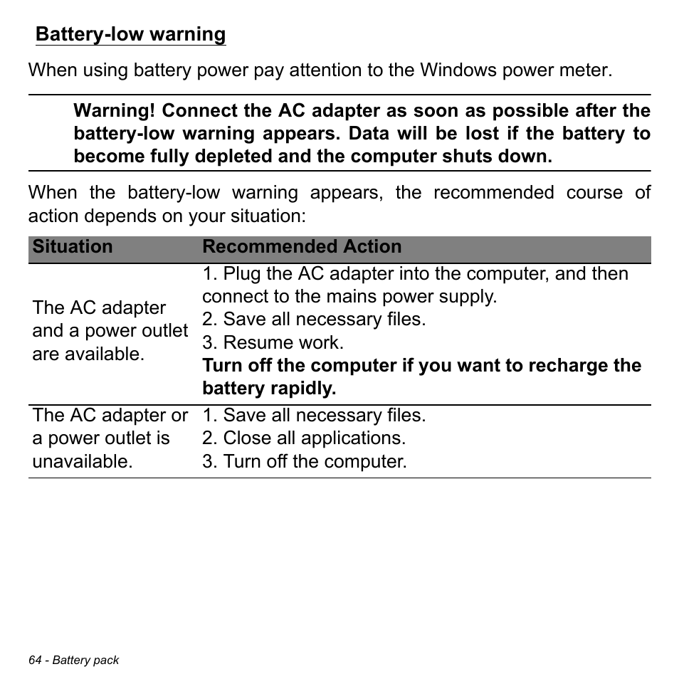 Battery-low warning | Acer Aspire M3-581TG User Manual | Page 66 / 3478