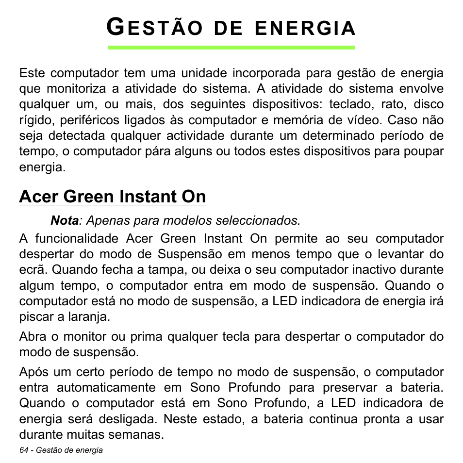 Gestão de energia, Acer green instant on, Estão | Energia | Acer Aspire M3-581TG User Manual | Page 664 / 3478