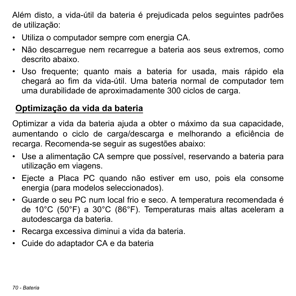 Optimização da vida da bateria | Acer Aspire M3-581TG User Manual | Page 670 / 3478