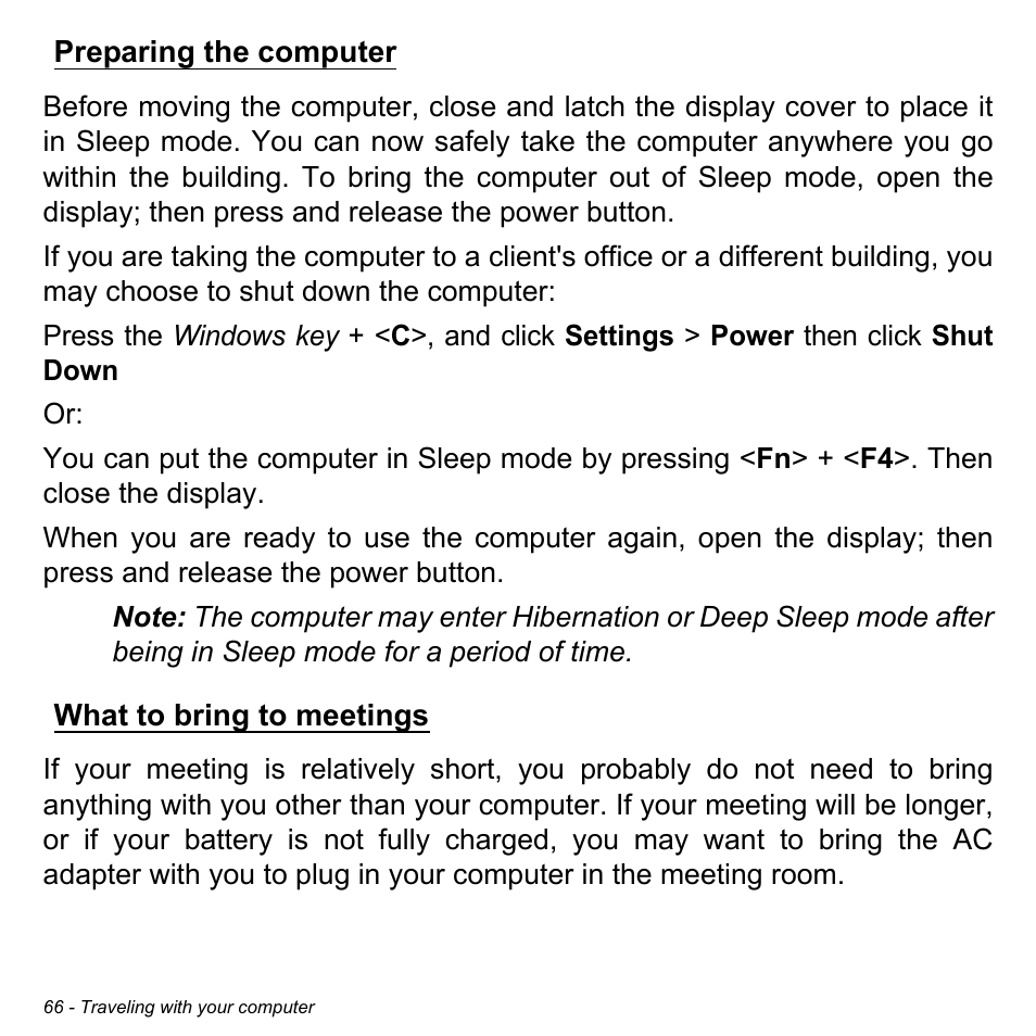Preparing the computer, What to bring to meetings, Preparing the computer what to bring to meetings | Acer Aspire M3-581TG User Manual | Page 68 / 3478