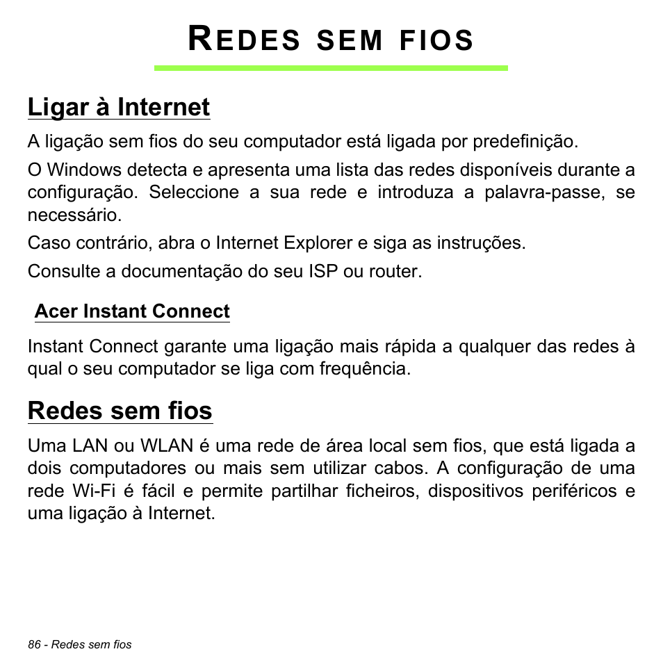 Redes sem fios, Ligar à internet, Acer instant connect | Edes, Fios | Acer Aspire M3-581TG User Manual | Page 686 / 3478