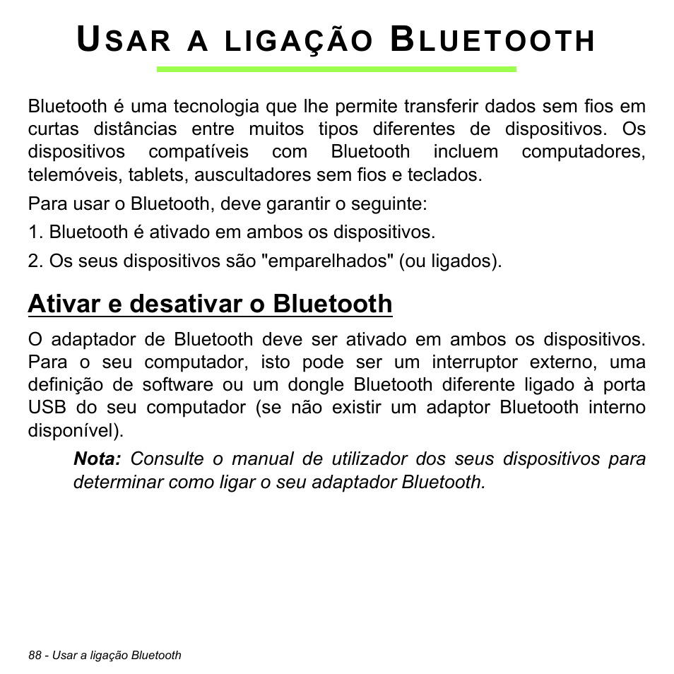 Usar a ligação bluetooth, Ativar e desativar o bluetooth | Acer Aspire M3-581TG User Manual | Page 688 / 3478