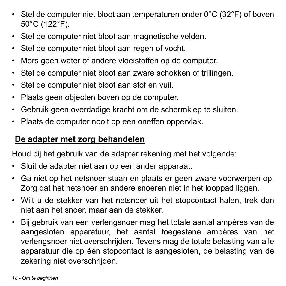 De adapter met zorg behandelen | Acer Aspire M3-581TG User Manual | Page 738 / 3478