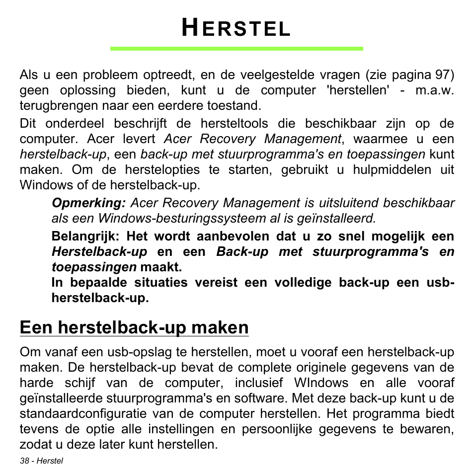 Herstel, Een herstelback-up maken, Erstel | Acer Aspire M3-581TG User Manual | Page 758 / 3478