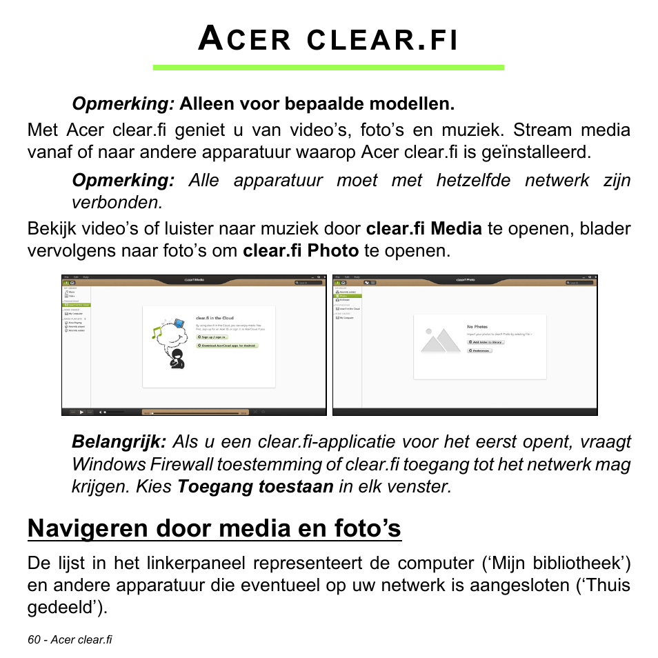 Acer clear.fi, Navigeren door media en foto’s, Clear | Acer Aspire M3-581TG User Manual | Page 780 / 3478