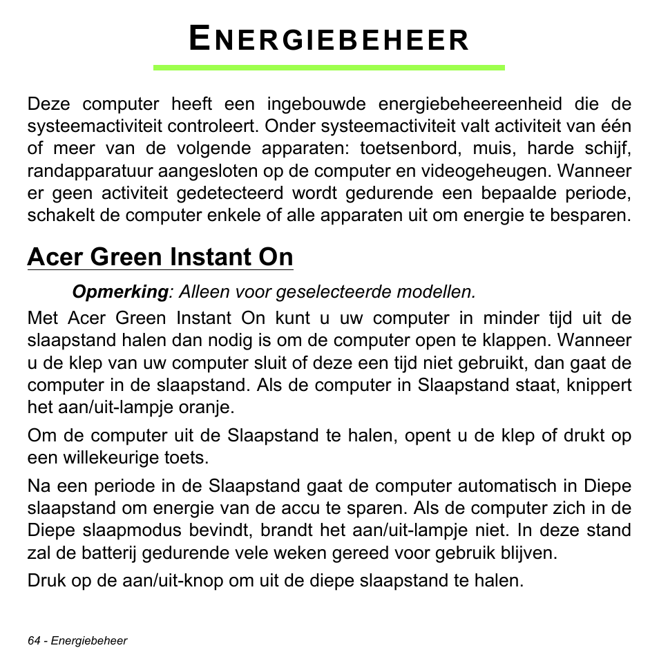 Energiebeheer, Acer green instant on, Nergiebeheer | Acer Aspire M3-581TG User Manual | Page 784 / 3478