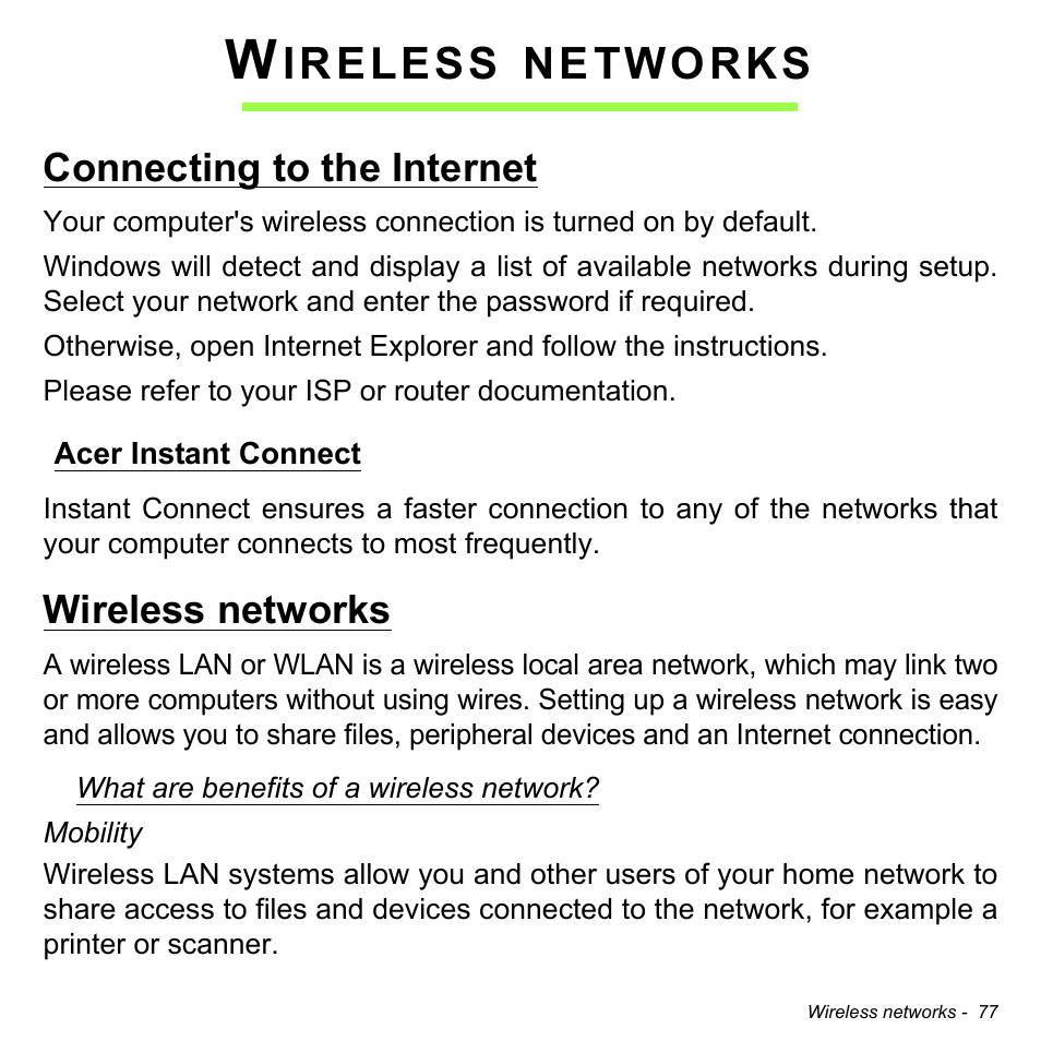 Wireless networks, Connecting to the internet, Acer instant connect | Ireless, Networks | Acer Aspire M3-581TG User Manual | Page 79 / 3478