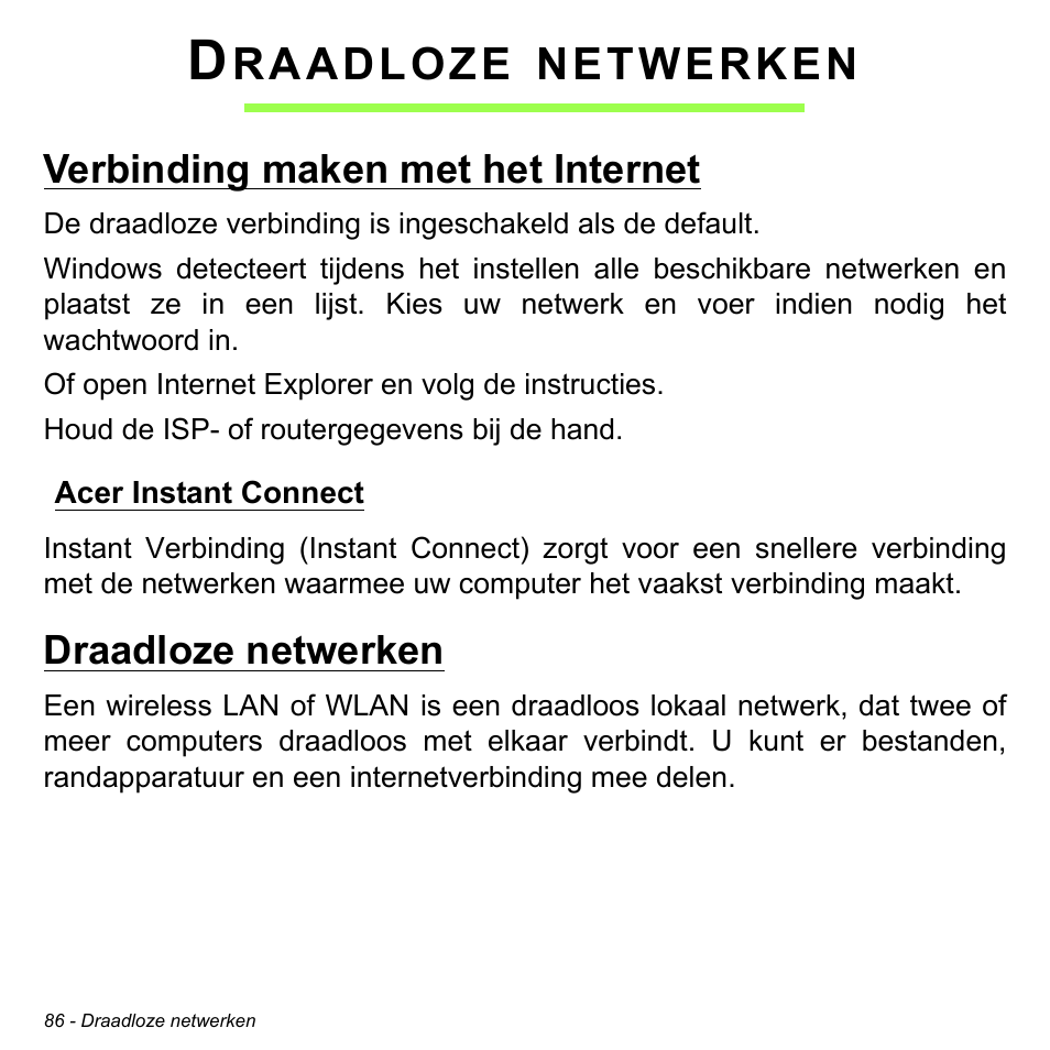Draadloze netwerken, Verbinding maken met het internet, Acer instant connect | Raadloze, Netwerken | Acer Aspire M3-581TG User Manual | Page 806 / 3478