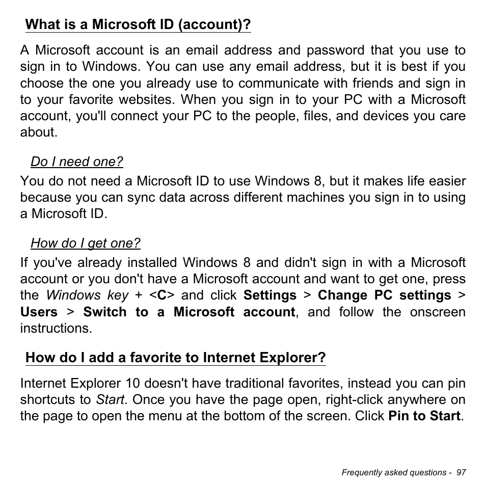 What is a microsoft id (account), How do i add a favorite to internet explorer | Acer Aspire M3-581TG User Manual | Page 99 / 3478
