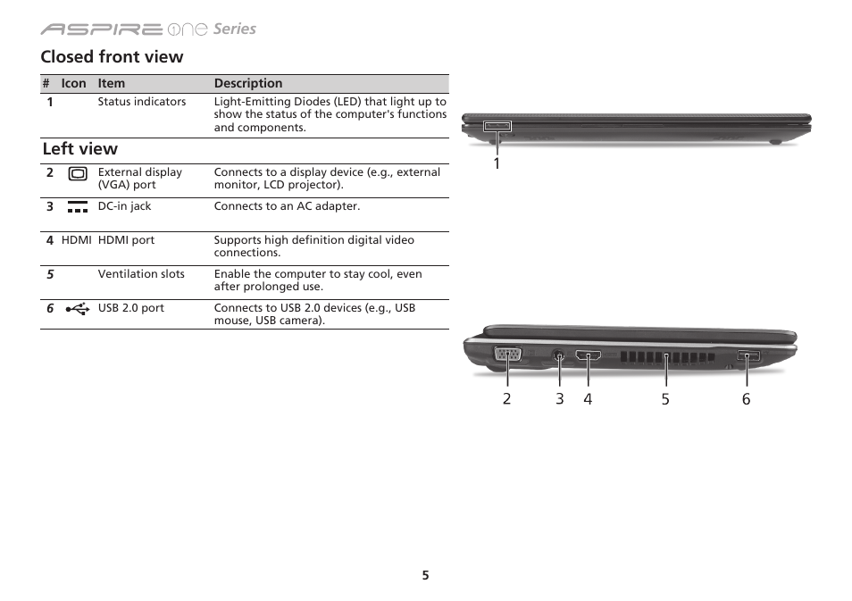 Closed front view, Left view, Series | Acer Aspire 1551 User Manual | Page 12 / 374