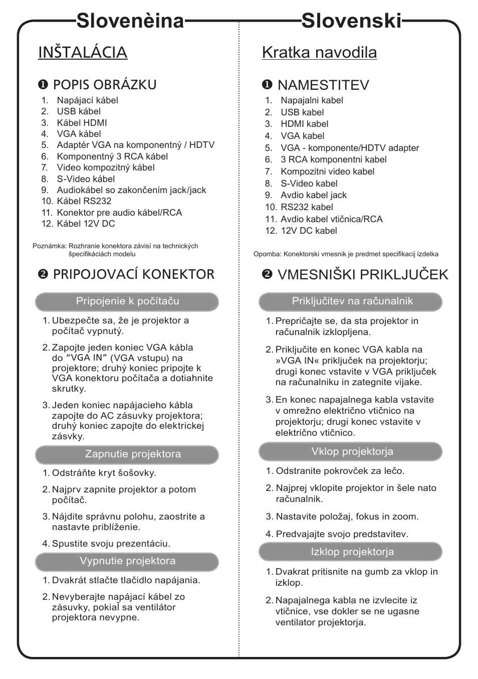 Slovenèina, Slovenski, Inštalácia | Kratka navodila, Popis obrázku, Pripojovací konektor, Namestitev, Vmesniški priključek | Acer P1206P User Manual | Page 11 / 19