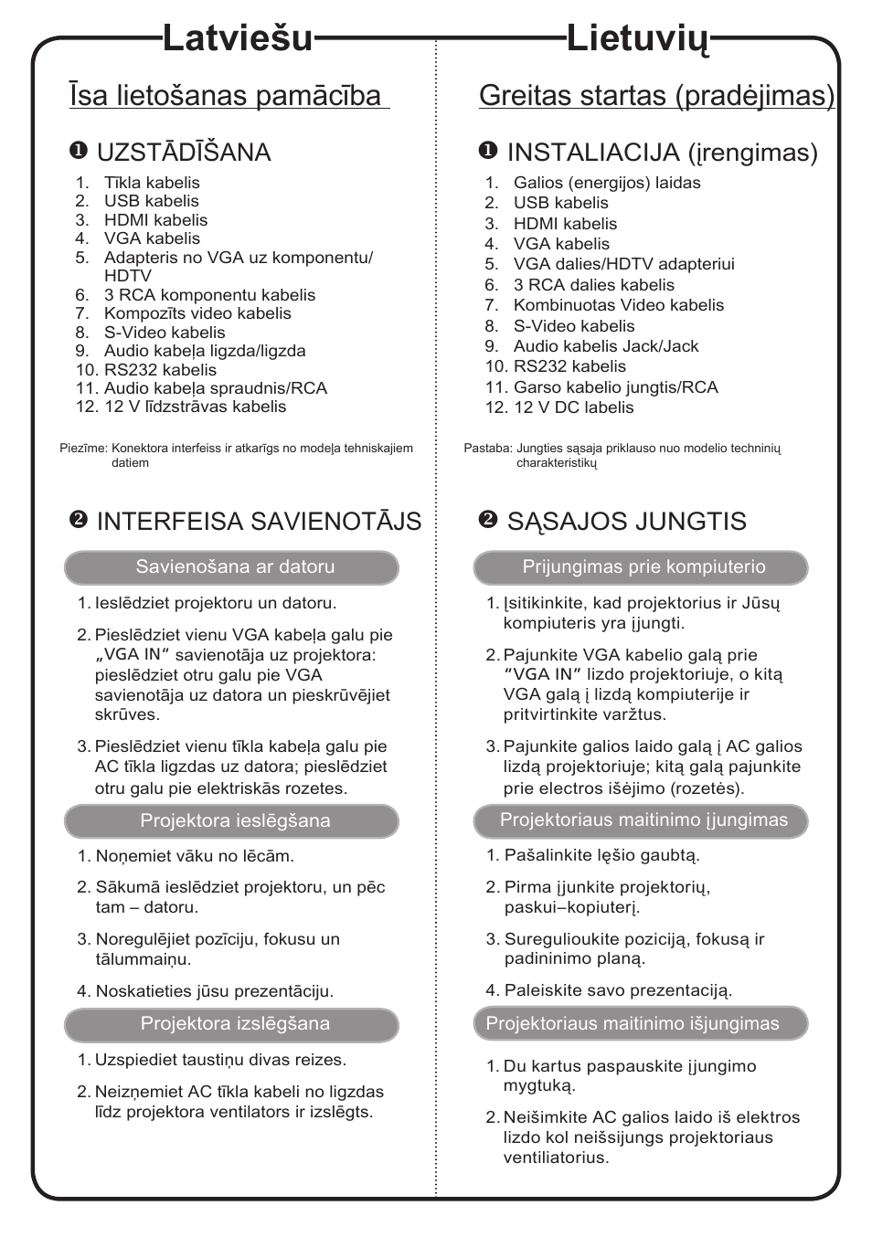 Latviešu, Lietuvių, Īsa lietošanas pamācība | Greitas startas (pradėjimas), Uzstādīšana, Interfeisa savienotājs, Instaliacija (įrengimas), Sąsajos jungtis | Acer P1206P User Manual | Page 13 / 19