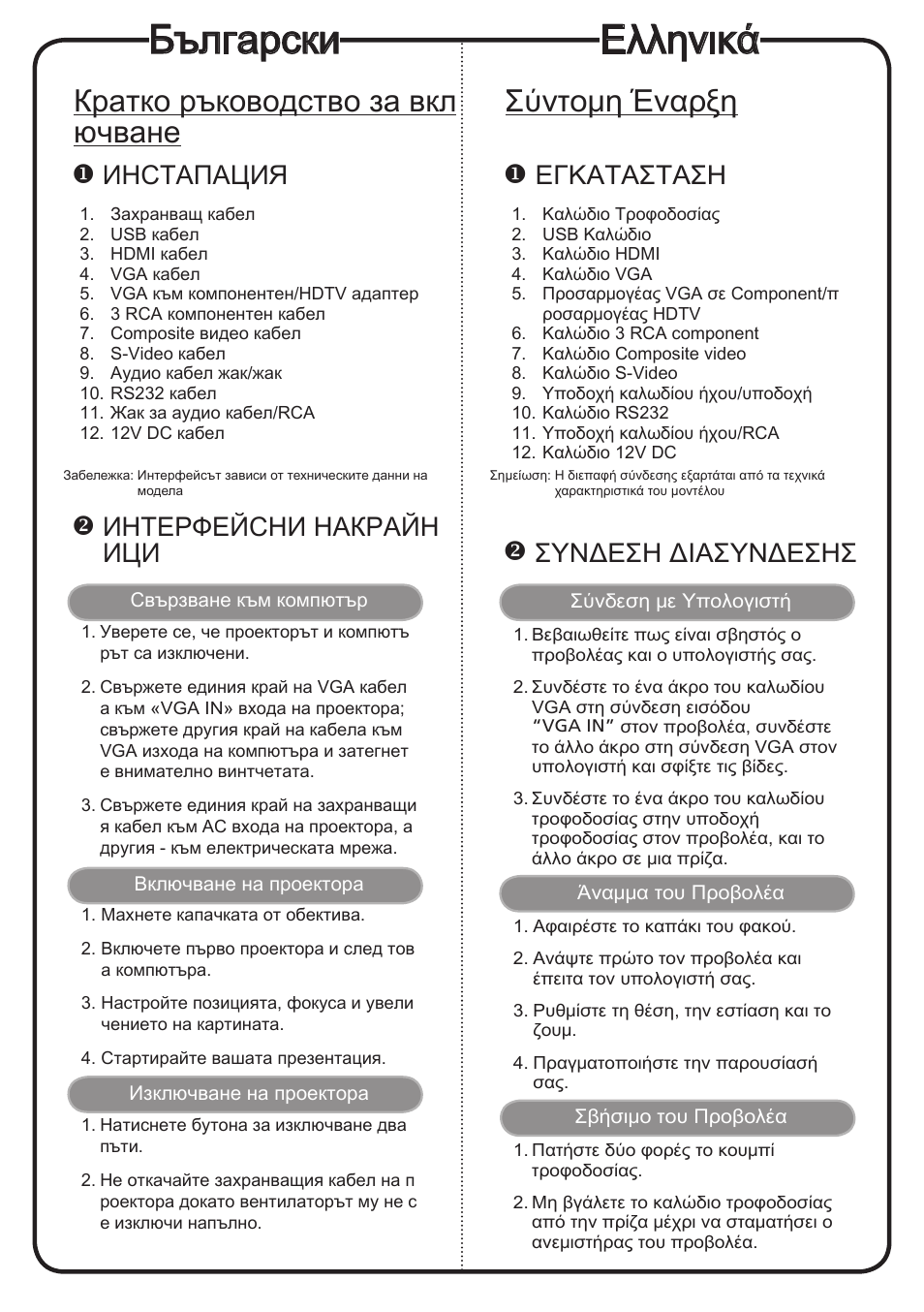 Ελληνικά, Български, Σύντομη έναρξη | Кратко ръководство за вкл ючване, Εγκατaσταση, Συνδεση διασυνδεσησ, Иhctaпaция, Интерфейсни накрайн ици | Acer P1206P User Manual | Page 14 / 19