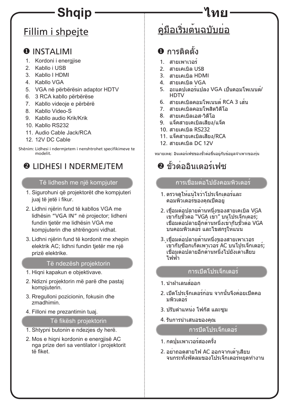 Shqip, Fillim i shpejte, คู่มือเริ่มต้นฉบับย่อ | Instalimi, Lidhesi i ndermejtem, การติดตั้ง, ขั้วต่ออินเตอร์เฟซ | Acer P1206P User Manual | Page 16 / 19