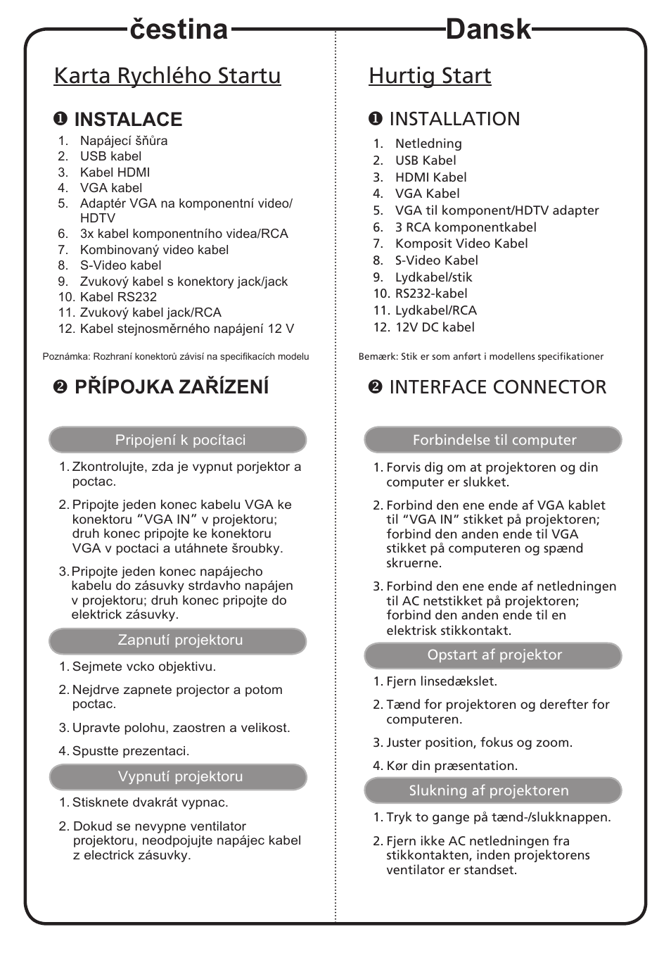 Čestina, Dansk, Karta rychlého startu | Hurtig start, Instalace, Přípojka zařízení, Installation, Interface connector | Acer P1206P User Manual | Page 3 / 19