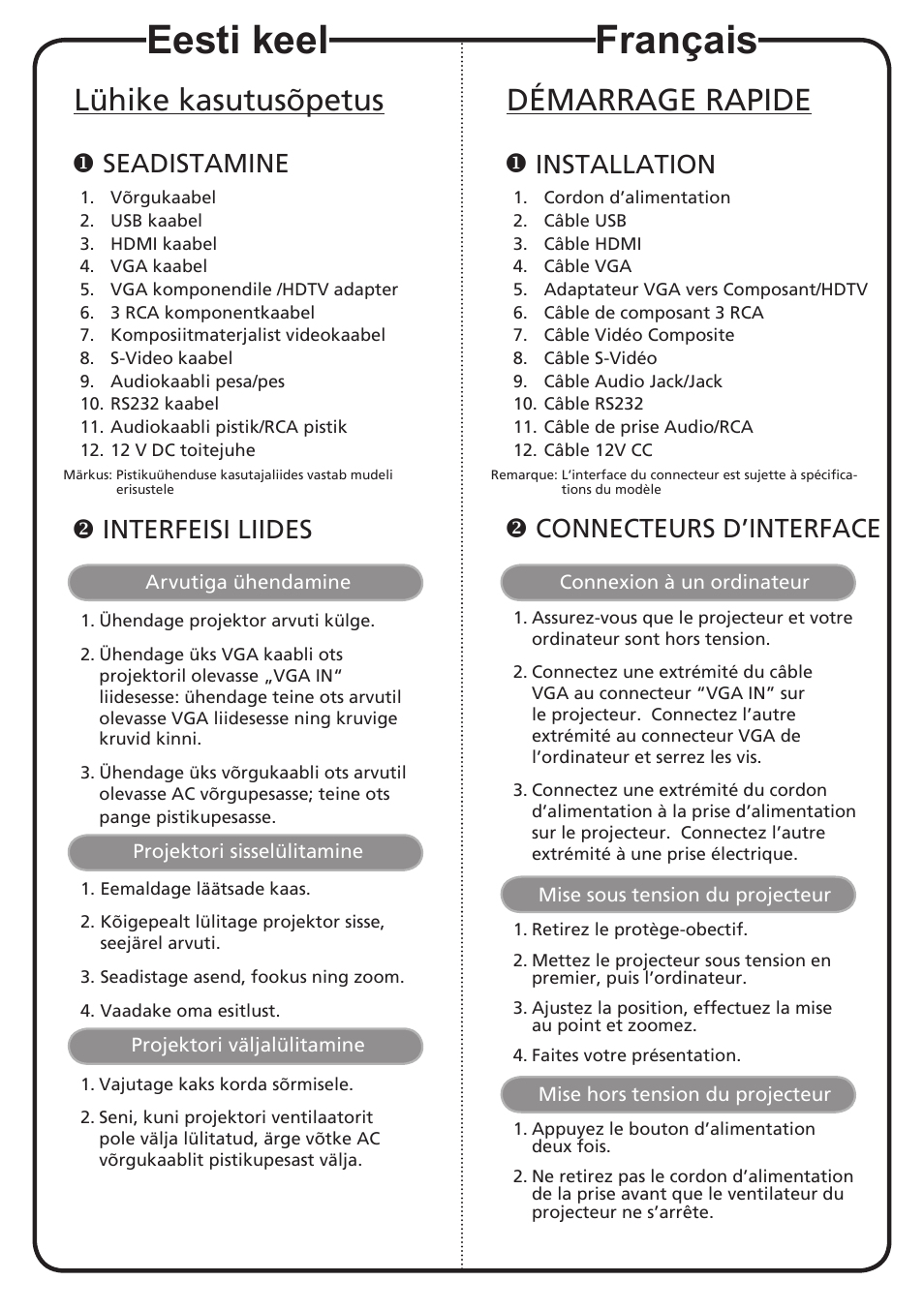 Eesti keel, Français, Lühike kasutusõpetus | Démarrage rapide, Seadistamine, Interfeisi liides, Installation, Connecteurs d’interface | Acer P1206P User Manual | Page 5 / 19