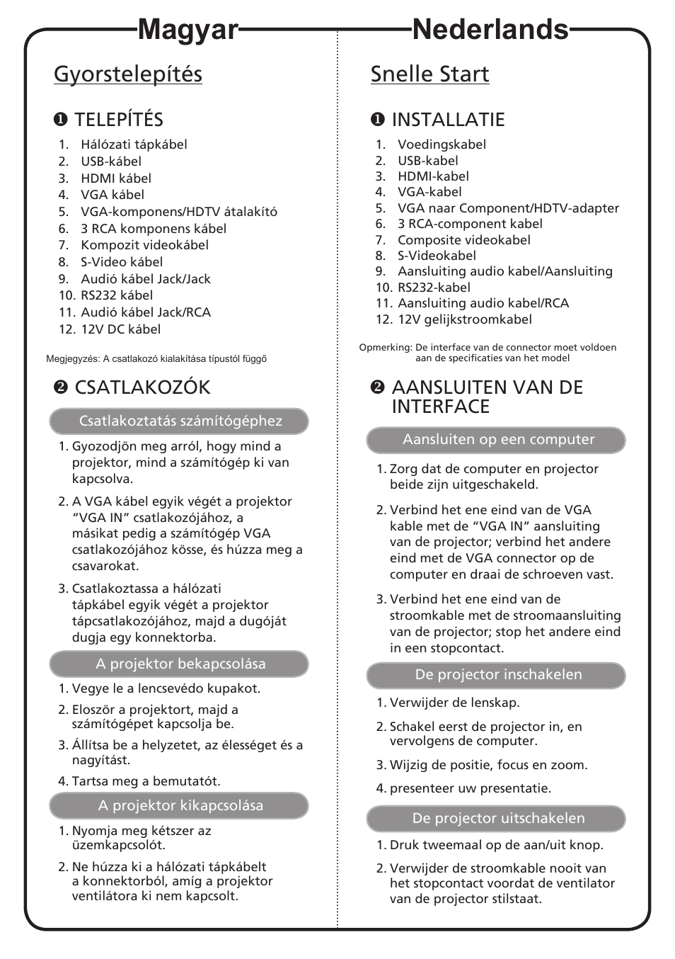 Magyar, Nederlands, Gyorstelepítés | Snelle start, Telepítés, Csatlakozók, Installatie, Aansluiten van de interface | Acer P1206P User Manual | Page 7 / 19