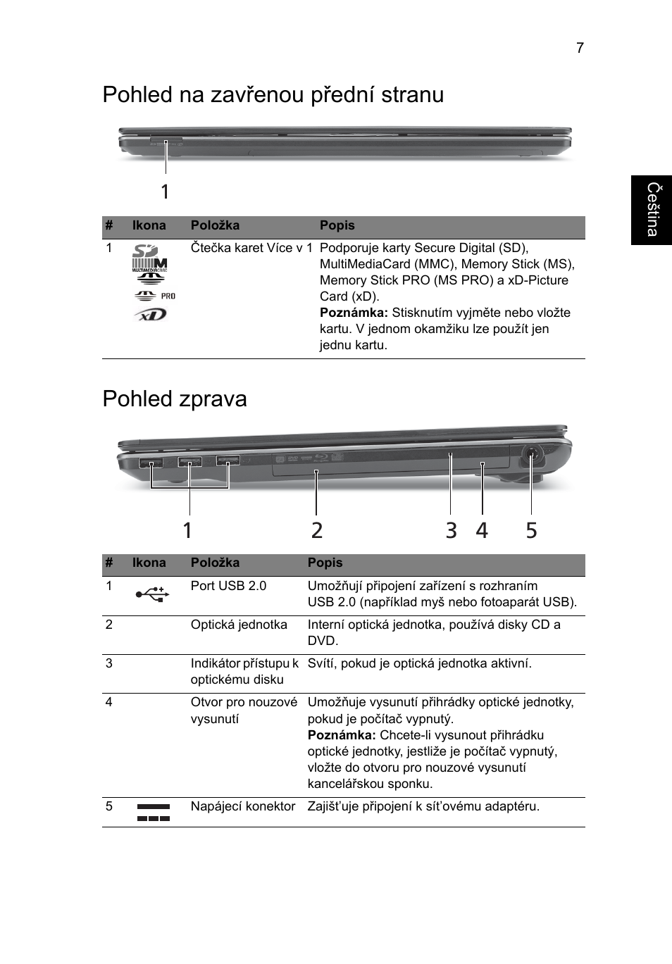 Pohled na zavřenou přední stranu, Pohled zprava, Pohled na zavřenou přední stranu pohled zprava | Acer Aspire 5745Z User Manual | Page 161 / 326