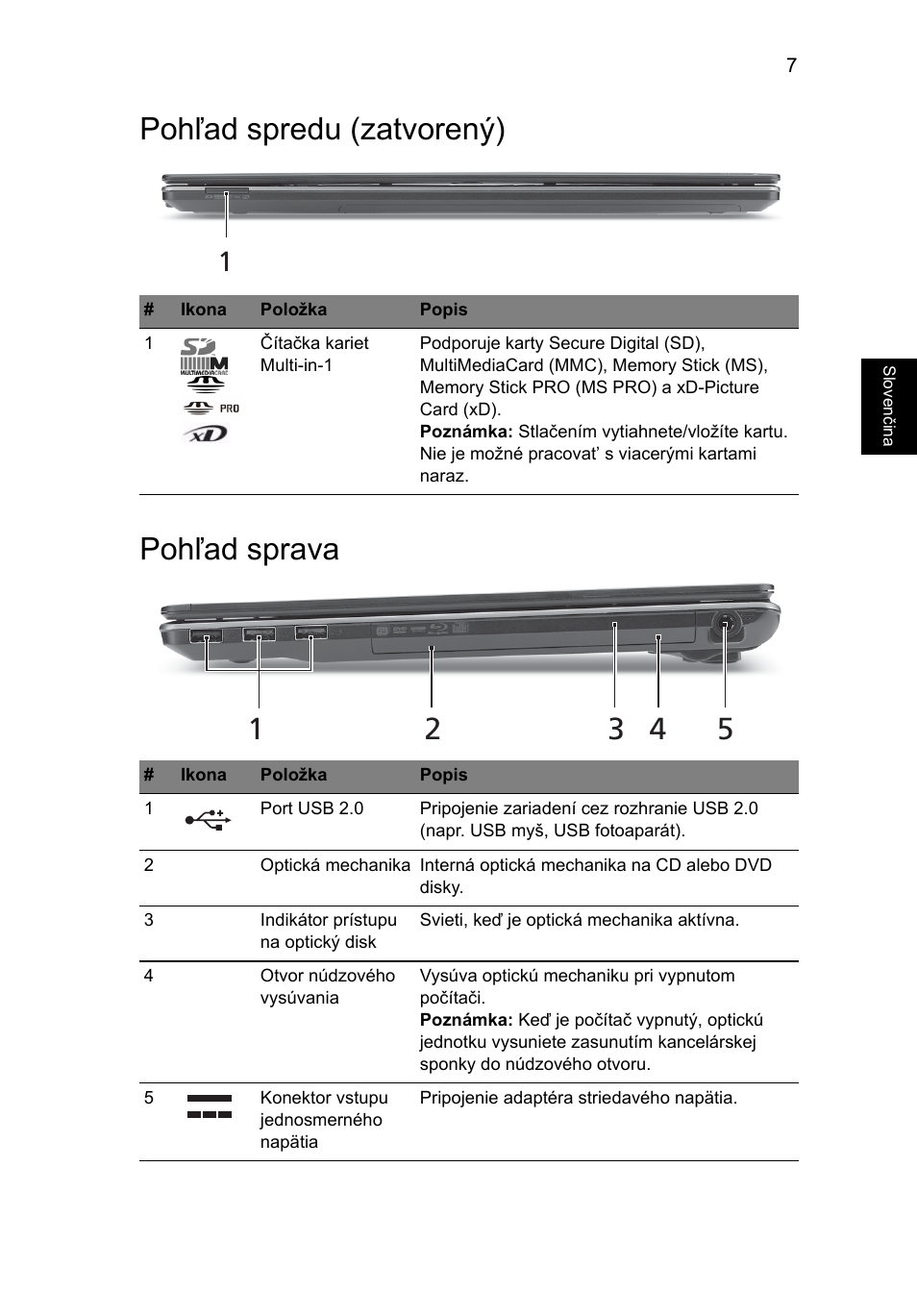 Pohľad spredu (zatvorený), Pohľad sprava, Pohľad spredu (zatvorený) pohľad sprava | Acer Aspire 5745Z User Manual | Page 171 / 326