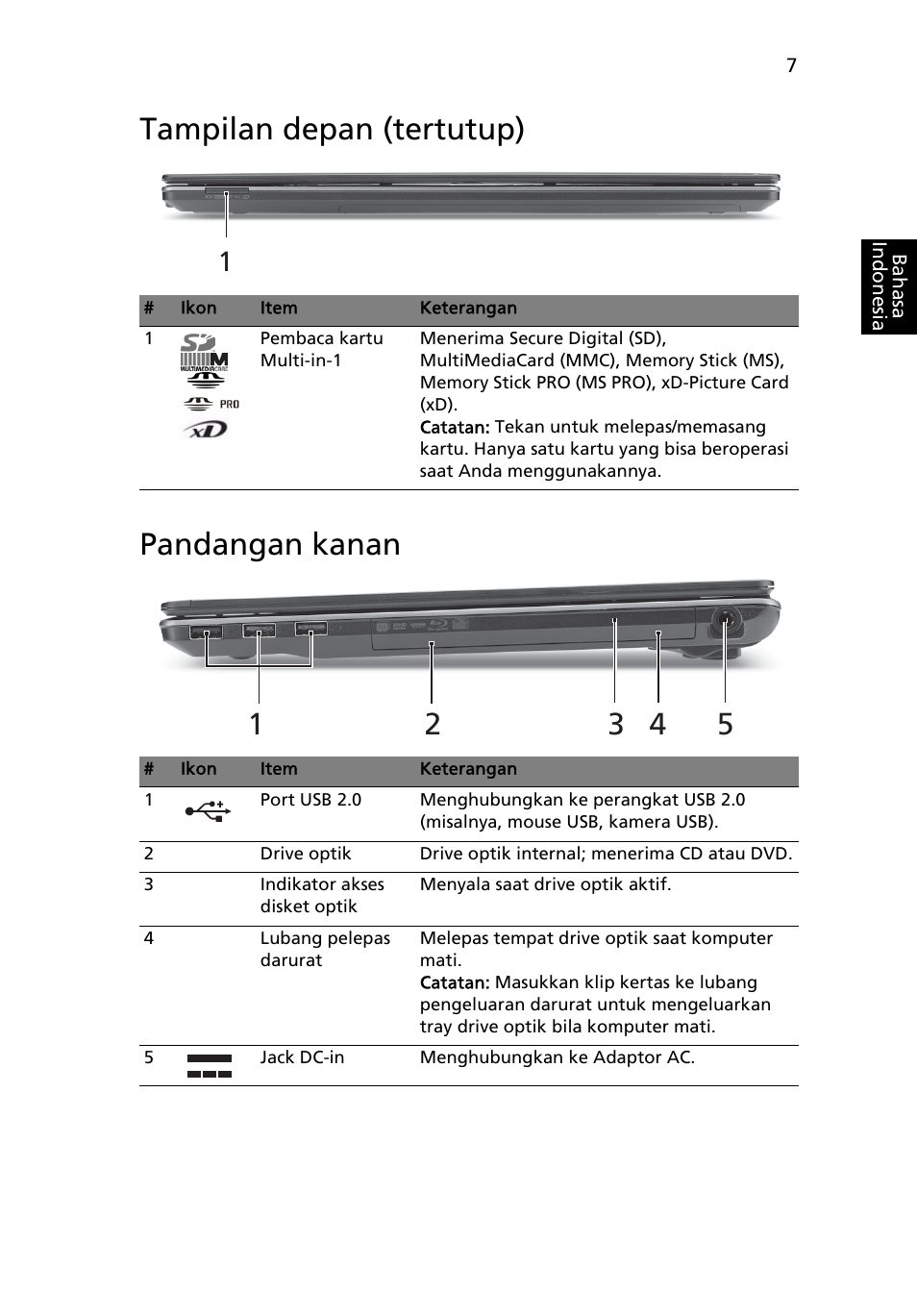 Tampilan depan (tertutup), Pandangan kanan, Tampilan depan (tertutup) pandangan kanan | Acer Aspire 5745Z User Manual | Page 313 / 326