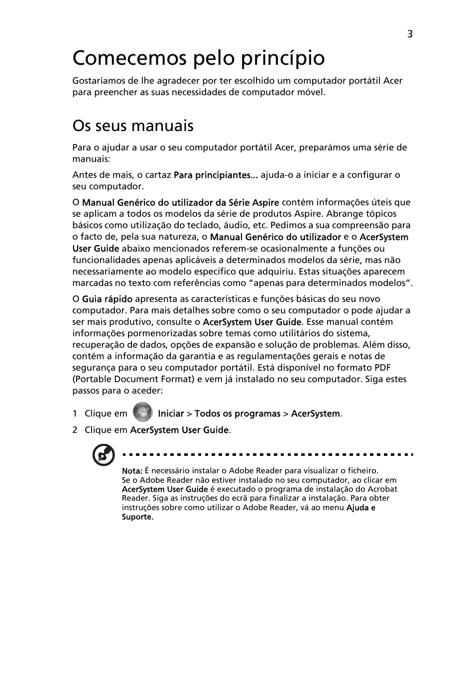 Comecemos pelo princípio, Os seus manuais | Acer Aspire 5745Z User Manual | Page 61 / 326