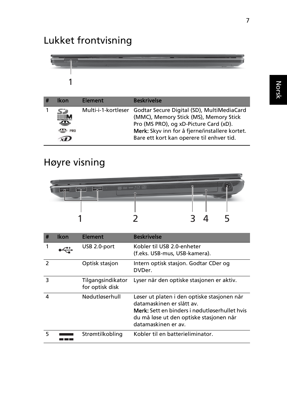 Lukket frontvisning, Høyre visning, Lukket frontvisning høyre visning | Acer Aspire 5745Z User Manual | Page 87 / 326