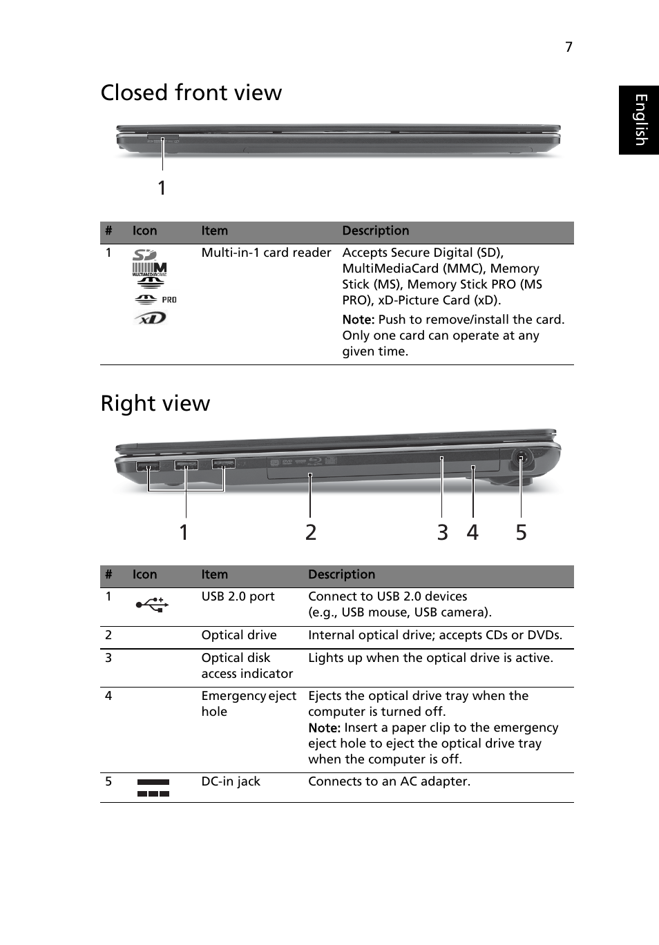 Closed front view, Right view, Closed front view right view | Acer Aspire 5745Z User Manual | Page 9 / 326