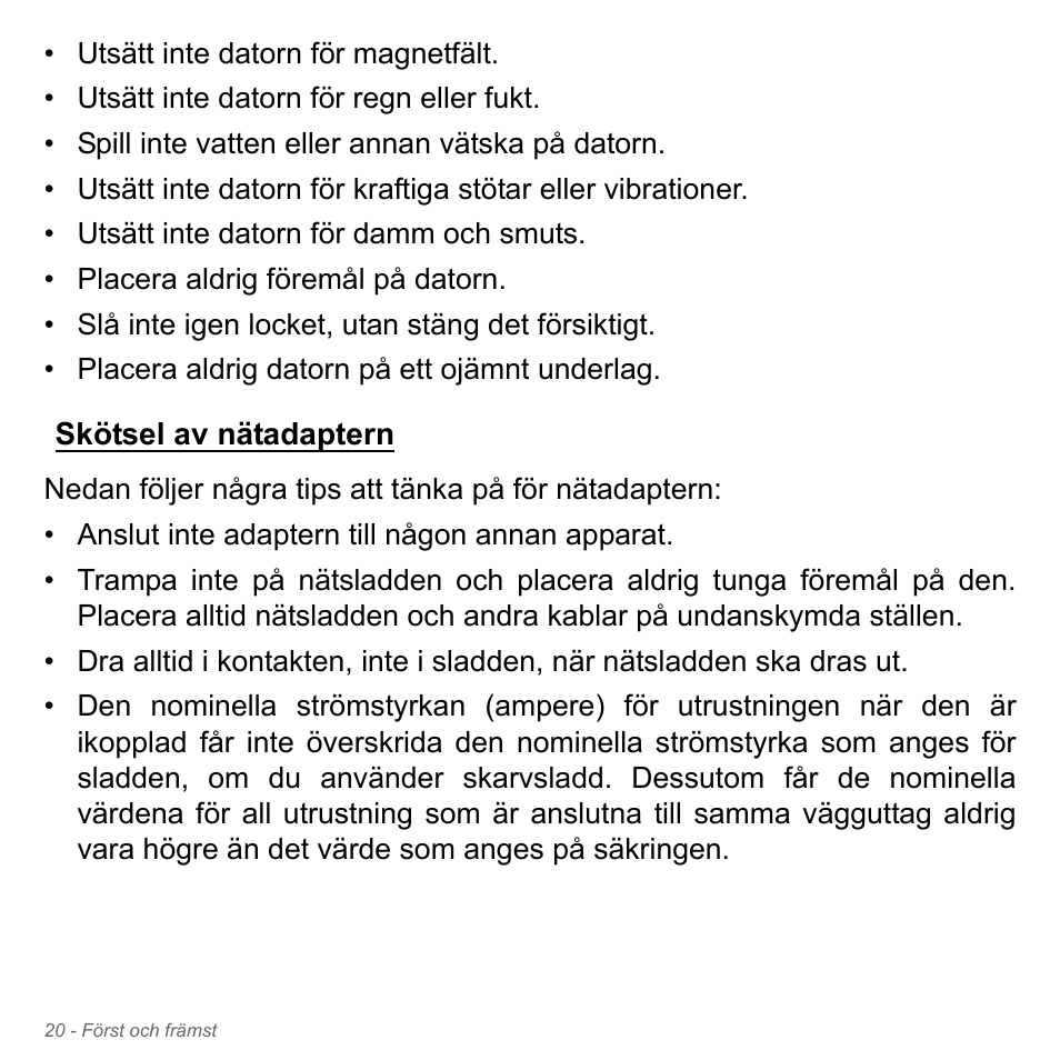 Skötsel av nätadaptern | Acer Aspire V5-551G User Manual | Page 1114 / 3584