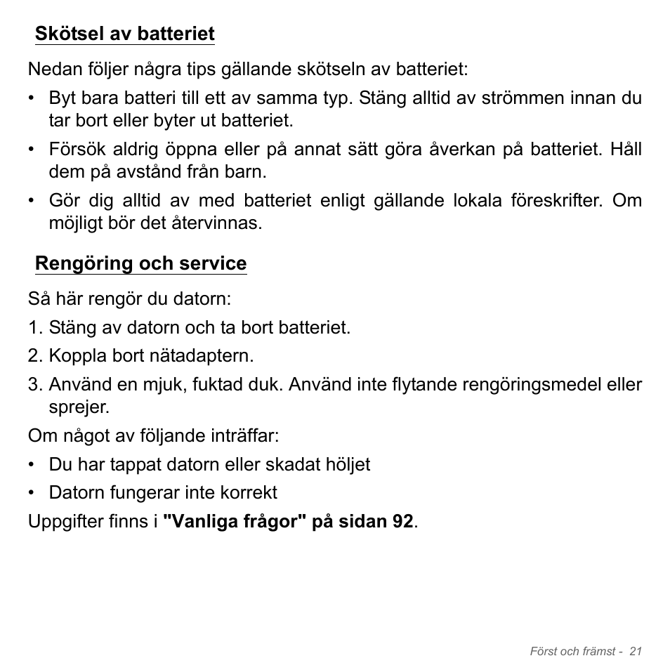 Skötsel av batteriet, Rengöring och service, Skötsel av batteriet rengöring och service | Acer Aspire V5-551G User Manual | Page 1115 / 3584